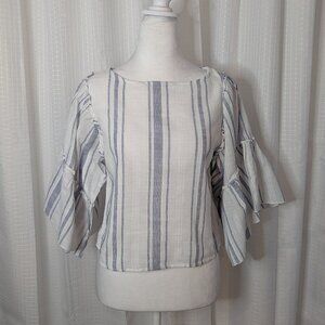 Romeo & Juliet 100% Cotton Cropped Flare Sleeve Top, Size S, White and Blue